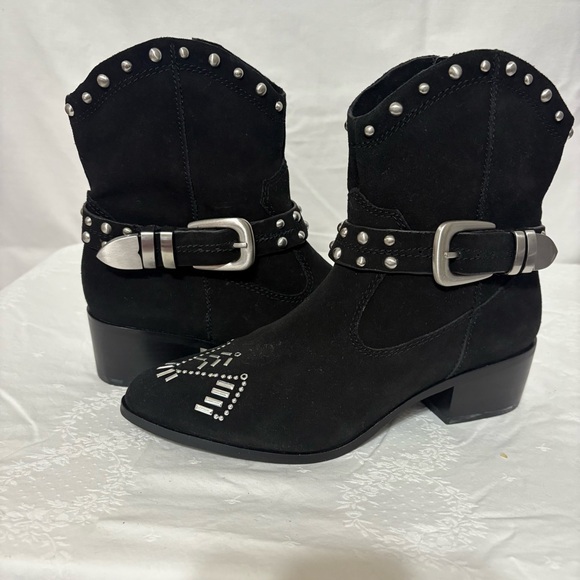 BCBGeneration Lokki ankle bootie in black suede with studded straps. Size 8 - Picture 7 of 11